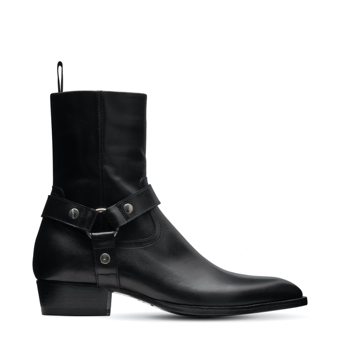 Unknown Articles Black Leather Harness boot exterior side profile image with exposed Harness